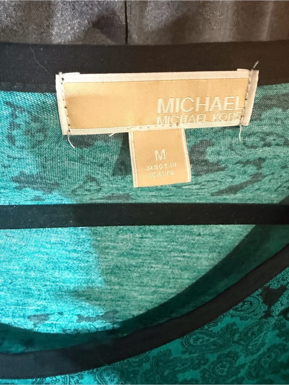 Michael Kors Teal Paisley Short Sleeve Tee with Contrast Neck